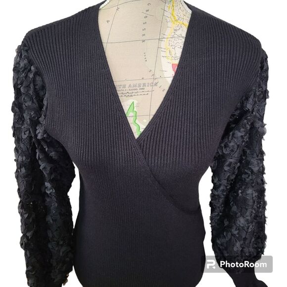 LUSH Size Small Black Knit Sweater Mini Dress 3D Floral Sheer Balloon Sleeve NWT - Picture 3 of 14